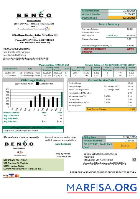 Printable USA Minnesota Benco Elecric electricity easy fillable business utility bill template in Word and PDF formats